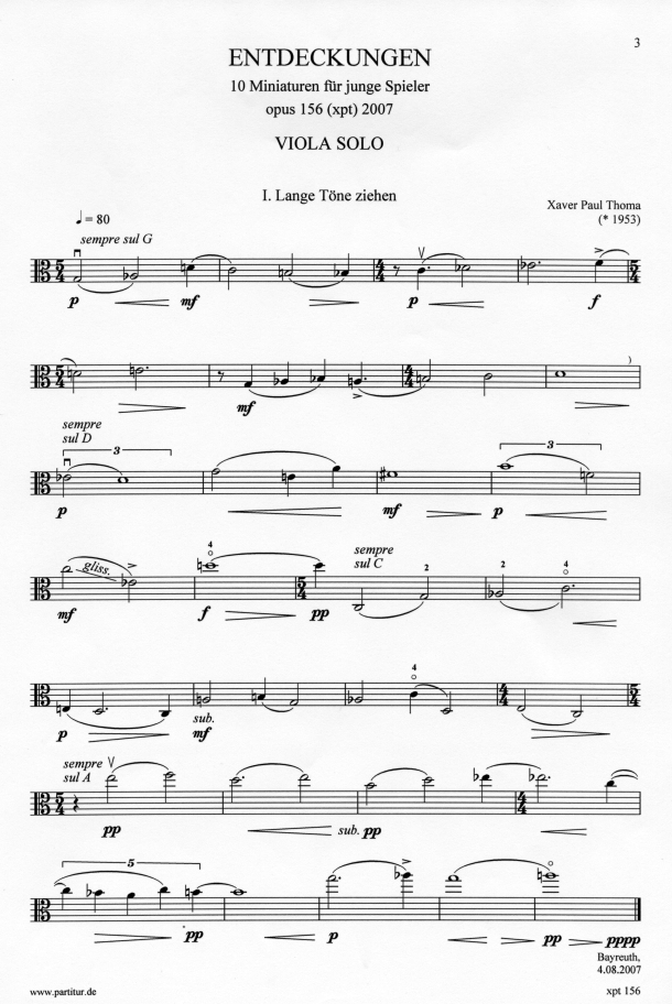 Komposition von Xaver Paul Thoma "Entdeckungen" für Bratsche solo , Noten I