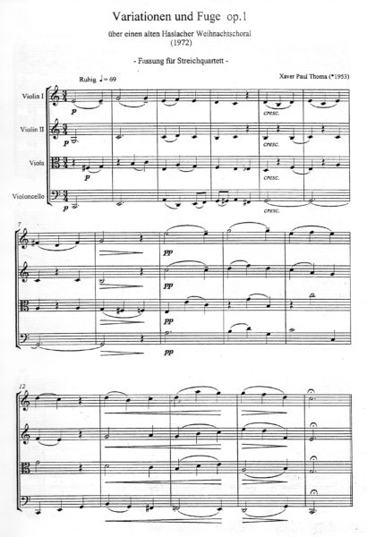 Partiturseite: xpt 002. VARIATIONEN UND FUGE für Streichquartett von Xaver Paul Thoma