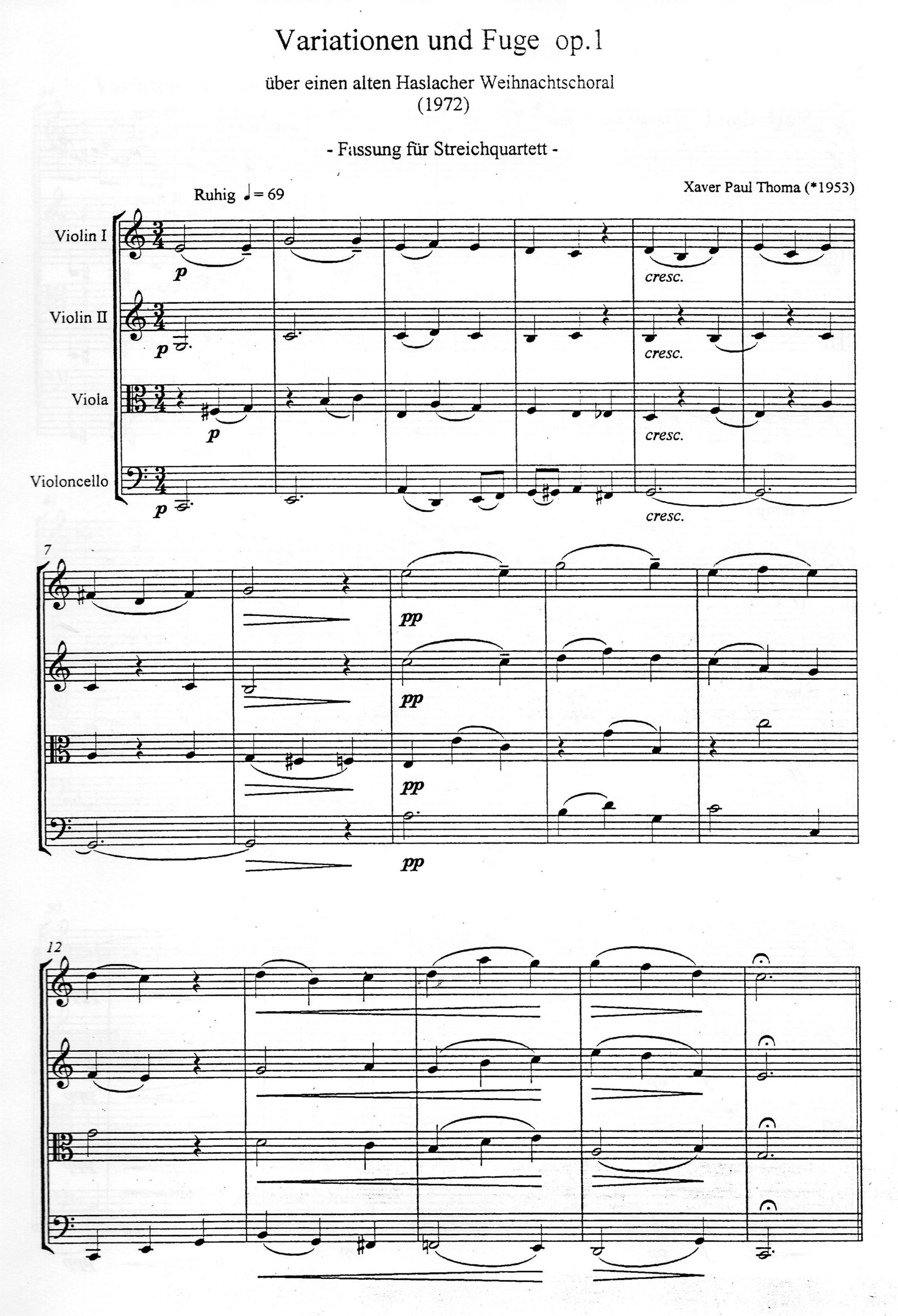 Partiturseite: xpt 002. VARIATIONEN UND FUGE für Streichquartett von Xaver Paul Thoma