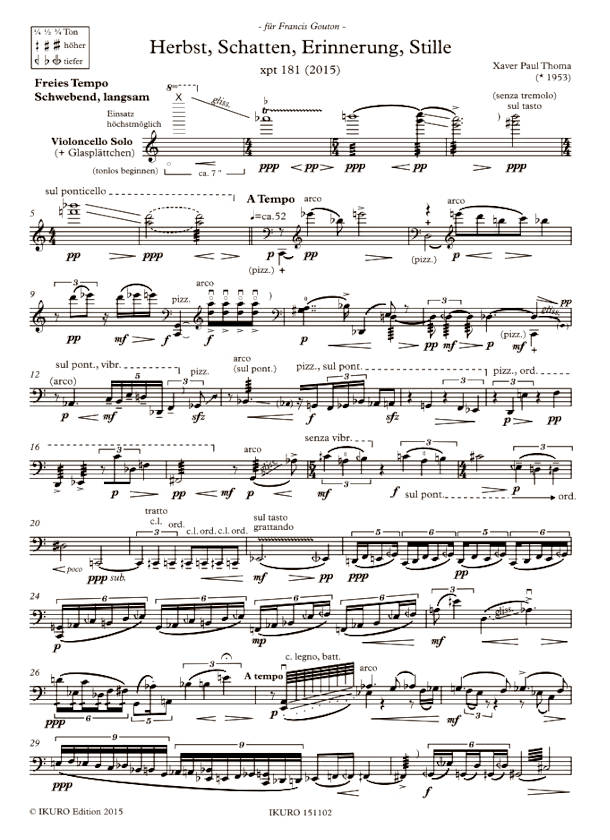 Noten: Xaver Paul Thoma Opus 181 (xpt) (2015), Herbst, Schatten, Erinnerung, Stille für Violoncello solo