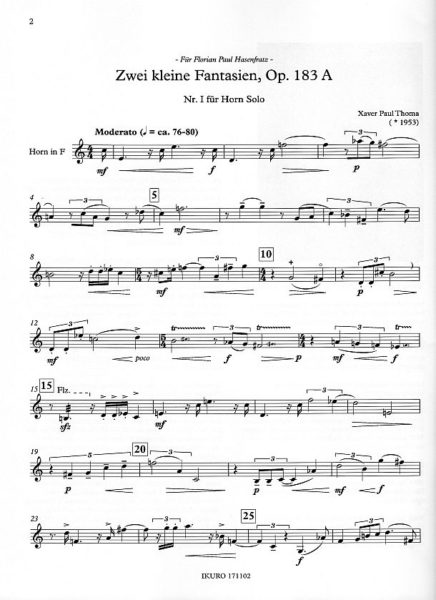 Partiturseite: xpt 183A Nr.I zwei kleine Fantasien, Horn solo von Xaver Paul Thoma