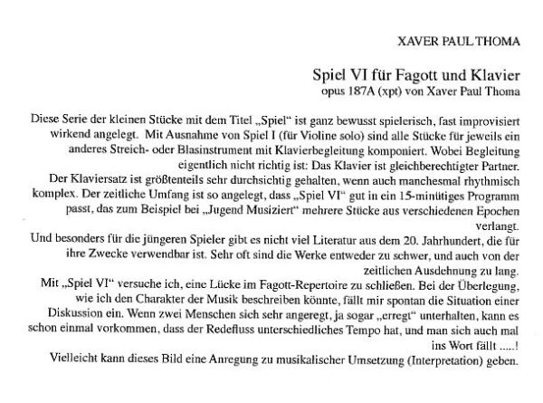 Werkkommentar zu xpt 187 – Spiel VI für Fagott und Klavier von Xaver Paul Thoma