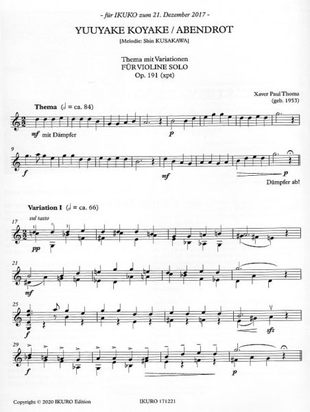 Partiturseite: xpt 191 - YUUYAKE KOYAKE / Abendrot für Violine solo von Xaver Paul Thoma