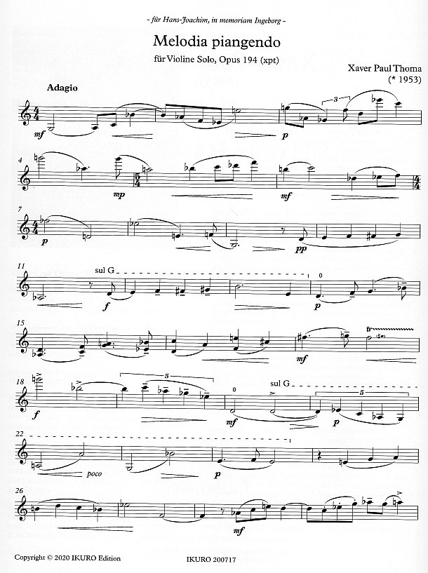 Notenseite: xpt 194 - Melodia piangendo für Violine solo von Xaver Paul Thoma