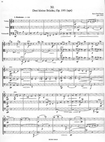 Partiturseite: Drei kleine Stücke für Streichtrio von Xaver Paul Thoma