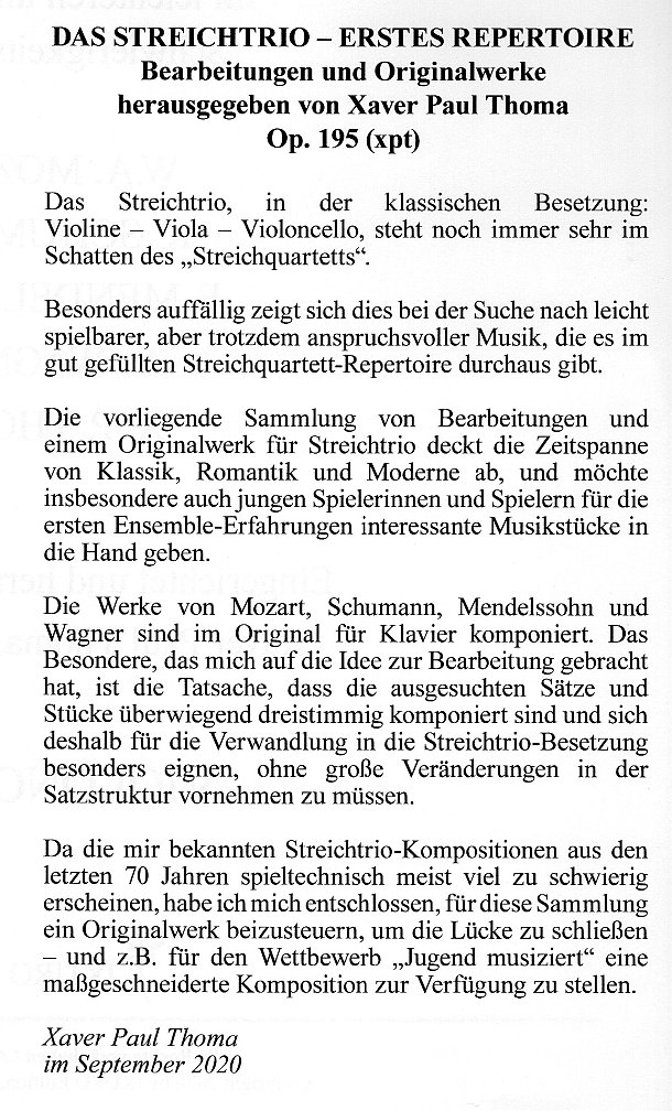 Werkkommentar: xpt 195 – Das Streichtrio – erstes Repertoire für Violine, Viola, Cello von Xaver Paul Thoma